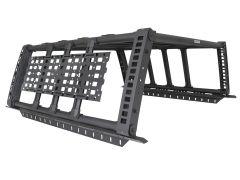 Black metal frame with a grid-like pattern and adjustable fittings, designed for mounting equipment.